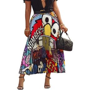 Women's Cartoon Printed Pleated Skirts Graffiti A-Line Skirt Vintage Skirts