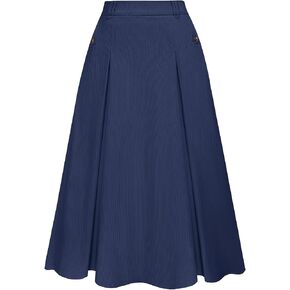 Belle Poque Women's Elastic High Waist Pleated Corduroy Skirts Vintage A-line Flared Swing Midi Skirt with Pockets