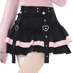 Kawaii Lolita Goth Vintage Casual Elastic Waist Color Blocking Rivet Lace Trim Layered Pleated Skirt for Women