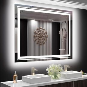 LED Bathroom Mirror with Lights, 28 x 36 Inch Front and Backlit Mirror Bathroom, Anti-Fog Lighted Vanity Mirror, Stepless Dimmable, 3 Colors, Horizontal/Vertical LED Mirror