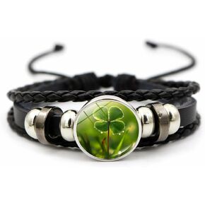 OIDIMS Four Leaf Clover Bracelet for Women Men Irish Shamrock St Patricks Charm Beaded Adjustable Bangle Woven Leather Braided Inspired Couple Bracelets Promise Jewelry Gifts St. Patrick's Day