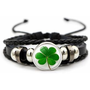 OIDIMS Four Leaf Clover Bracelet for Women Men Irish Shamrock St Patricks Charm Beaded Adjustable Bangle Woven Leather Braided Inspired Couple Bracelets Promise Jewelry Gifts St. Patrick's Day
