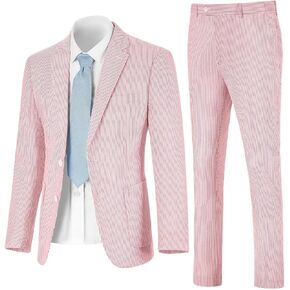Mens Seersucker Suit Slim Fit Suits for Men Summer Striped Wedding Prom Party Dinner 2 Piece Daily Suit Jacket Blazer Pants