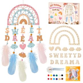 BeYumi Boho Rainbow Dreamcatcher Craft - Color Your Own Boho Rainbow Dreamcatcher Craft Kit for Kids DIY Wooden Rainbow Dreamcathcer Kit DIY Coloring Wooden Art and Craft for Home Classroom Decoration
