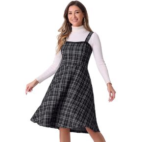 Allegra K Tweed Dress for Women's Sleeveless Square Neck Plaid A-Line Pinafore Overall Dresses
