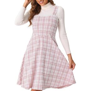 Allegra K Tweed Dress for Women's Sleeveless Square Neck Plaid A-Line Pinafore Overall Dresses