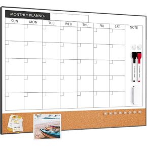 ARCOBIS Dry Erase Calendar Whiteboard Cork Board Combo, 24"x18" Magnetic White Board Calendar Dry Erase for Wall, Gold Frame Monthly Combination Board for Office, Home, School