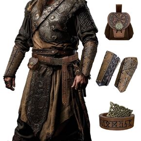 HiiFeuer Medieval Embossed Buckle Belt with Vintage Printed Wrist Guards and Faux Leather Dice Bag, Fantasy Faux Leather Costume Accessories