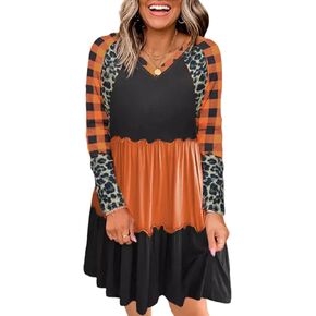 Thanksgiving It's Fall Y'all Leopard Plaid Pumpkin Ruffled Mini Dress Casual Long Sleeve Funny Print Women Dress