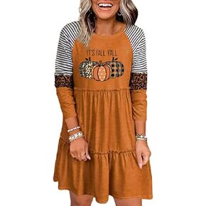 Thanksgiving It's Fall Y'all Leopard Plaid Pumpkin Ruffled Mini Dress Casual Long Sleeve Funny Print Women Dress