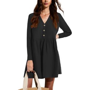 liher Womens Casual Fall Dress Long Sleeve V Neck Button Down Tunic Dress Loose T Shirt Dress