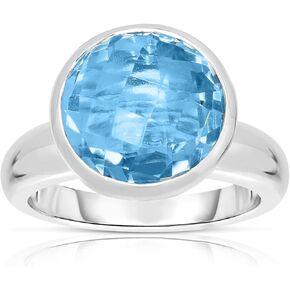 925 Sterling Silver 6-3/4 Ct Genuine Blue Topaz Round Statement Ring. Size 7