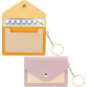 2 Pack Birth Control Pill Case Sleeve Packet 4.3 X 3 Inch PU Leather Wallet Pill Holder Privacy Protection Birth Control Pill Wallet with Key Ring for Pill Card Organizer(Pink, Black)