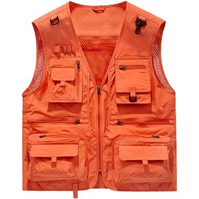PEHMEA Men's Fishing Vest Utility Detachable Safari Travel Vest with Pockets Outdoor Work Photo Cargo Fly Summer Vest(Orange-XS)