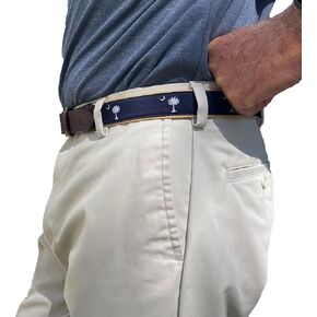 South Carolina Crescent Moon Palmetto Tree Genuine Leather State Flag Embroidery Ribbon Belt Khaki Navy Blue