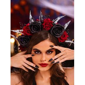 Urieo Halloween Flower Headband for Women Gothic Rose Headpiece Day of The Dead Floral Crown Handmade Cosplay Dress up Costume Hair Accessories(Black and Red)