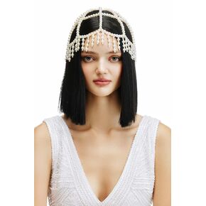 BABEYOND 1920s Pearl Flapper Cap Headpiece Roaring 20s Gatsby Pearl Head Chain (B-White)