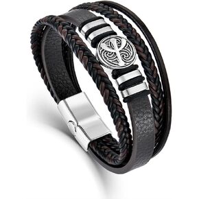 Leather Bracelet for Men,Cactus Multi-Layer Braided Bracelet Stainless Steel Wristband Black丨Brown Leather Bracelet with Clasp Cuff Bracelet Jewelry for Men