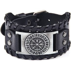 Bracelet for Men Genuine Cowhide Leather Bracelet Viking Compass Stainless Steel Black丨Brown Wide Bracelet Adjustable Wristband Punk Bracelets Jewelry Father's Day Birthday for Men Father
