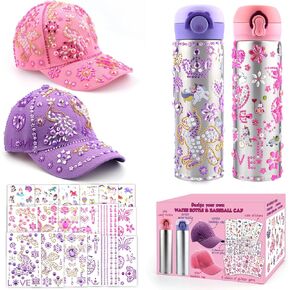 Unicorn Water Bottles for Girls Personalized Water Bottles for Kids, Decorate Your Own Water Bottle Baseball Cap with 18 Sheets of Unicorn Stickers and Glitter Gems Gifts for Girls 6-12 Year Old