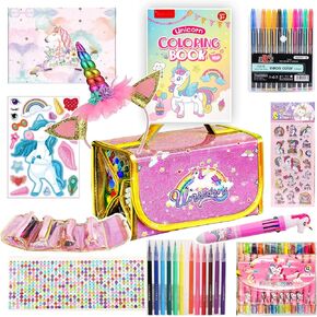Moonibox 71pcs Unicorn Coloring Set, Markers & Pencils for Girls, Glitter Unicorn Pencil Case and Stickers, Unicorn Coloring Book, Crayon & Drawing Suppliers for Girls