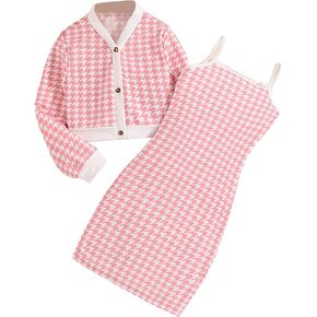 Girl's Houndstooth Print Two Piece Long Sleeve Cardigan & Cami Dress Outfits Set