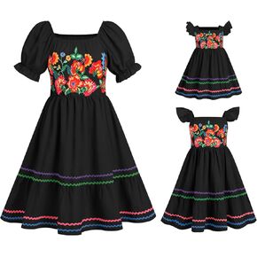 Mommy and Me Floral Print Mexico Themed Dress Puff Sleeves Cinco De Mayo Fiesta Daughter Outfits