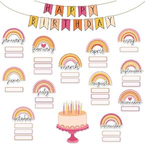 AnyDesign Bright Rainbow Cut-Outs with 100Pcs Glue Points Happy Birthday Cutouts Colorful Cake Rainbow Cutout for Birthday Party Supplies Classroom Bedroom Bulletin Board Decorations, 44Pcs