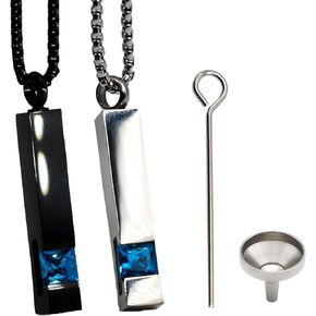 NAIVELY-2 Psc White Crystal Cremation Urn Necklace for Human Pet Ashes Stainless Steel Black Silver Tone Bar Zircon Memorial Pendant, for Ashes Keepsake Cremation