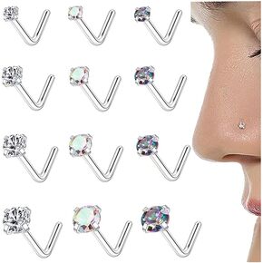 FIRAZIO 14K Gold Filled Nose Studs 316L Surgical Steel Gold Nose Rings Studs 6A CZ Simulated Diamond Corkscrew L Shaped Nose Piercing Hypoallergenic Nose Rings for Women Men 20G
