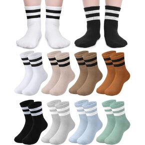 Halfchet 8 Pairs Kids Athletic Socks with Stripes Combed Cotton Crew Gym Socks Striped Sports Ankle Socks for School Kids 6-10 Years