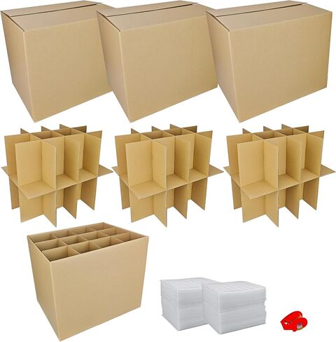 3 Sets Moving Boxes with Divider Kits,16 x 12 x 13 Inch Glassware Dish Packing Box Kitchen Moving Box Corrugate Dividers with 72 Pcs Foam Pouches,1 Pcs tape rolls with dispenser(Two Layer) in Saudi Arabia