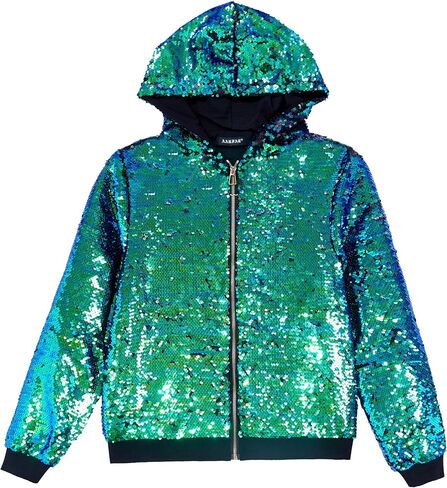 A ARFAR Women Sequin Jackets Flip Glitter Varsity Hooded Sparkly Coat Party Outwear Ladies Shiny Cloth in Saudi Arabia