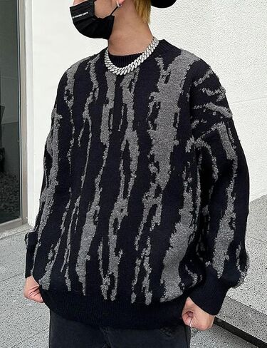 Yimoon Mens Oversized Sweaters Y2K Aesthetic Flame Graphic Crewneck Sweatershirts Knitted Casual Pullover Jumpers in Saudi Arabia