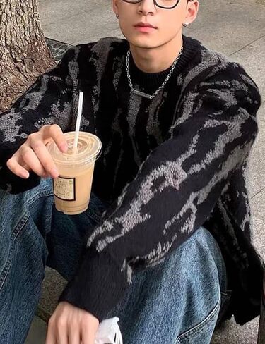 Yimoon Mens Oversized Sweaters Y2K Aesthetic Flame Graphic Crewneck Sweatershirts Knitted Casual Pullover Jumpers in Saudi Arabia