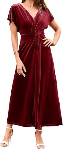 Simplee Women's Velvet Maxi Dress Short Sleeve V Neck Fall Wedding Guest Dress Twiss Front Long Formal Bodycon Prom Dress in Saudi Arabia