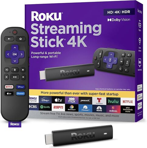 جهاز Roku Streaming Stick 4K 2021 HDR/D. الرؤية مع جهاز التحكم عن بعد الصوتي Roku وأجهزة التحكم في التلفزيون (متجددة) in Saudi Arabia