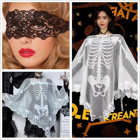 Halloween Skeleton Poncho with Lace Masquerade Mask for Women in Saudi Arabia