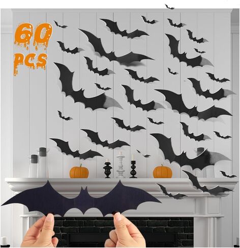 60PCS Halloween Bats Decoration 3D Bats Wall Decor 4 Different Sizes Realistic PVC Bats Stickers for Halloween Party Supplies DIY Home Window Bathroom Indoor Décor in Saudi Arabia