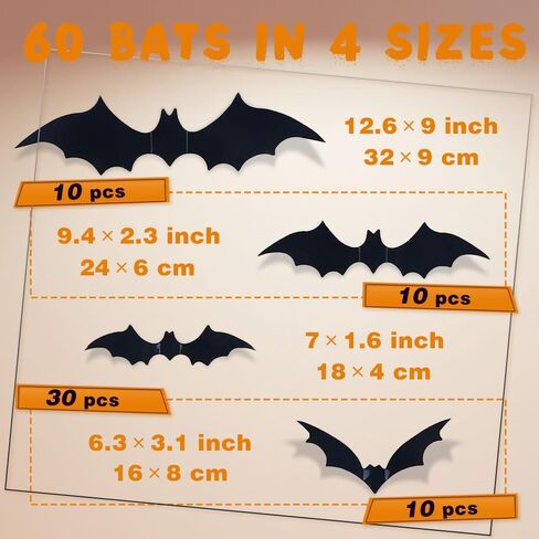 60PCS Halloween Bats Decoration 3D Bats Wall Decor 4 Different Sizes Realistic PVC Bats Stickers for Halloween Party Supplies DIY Home Window Bathroom Indoor Décor in Saudi Arabia