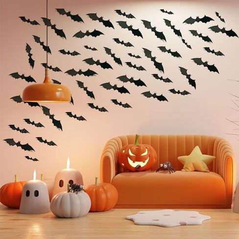 60PCS Halloween Bats Decoration 3D Bats Wall Decor 4 Different Sizes Realistic PVC Bats Stickers for Halloween Party Supplies DIY Home Window Bathroom Indoor Décor in Saudi Arabia