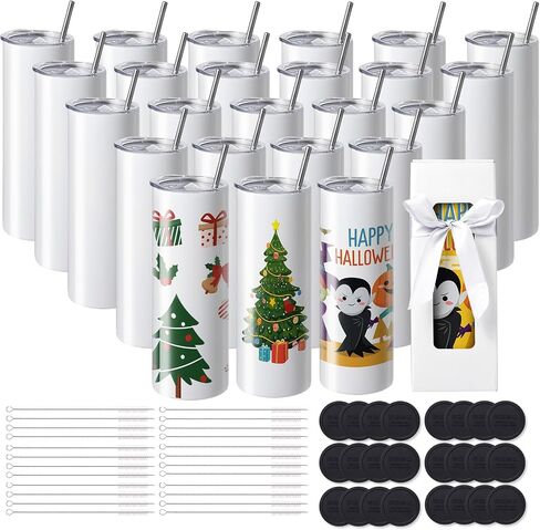 VEVOR 24 Pack Sublimation Tumblers 20oz Skinny Straight, Stainless Steel Sublimation Tumblers Blank, Stainless Steel Double Wall Tumbler for Heat Transfer Customized Gifts with Lid and Straw, Gift Box in Saudi Arabia