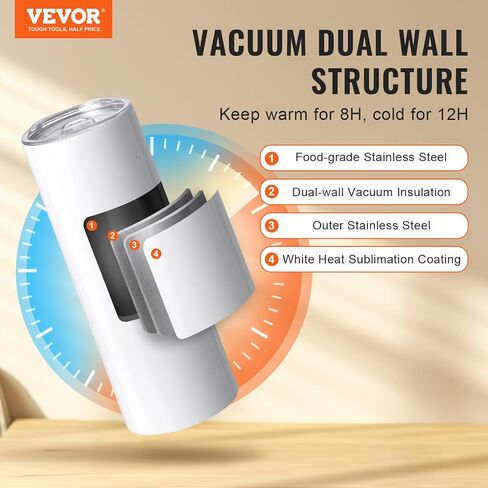 VEVOR 24 Pack Sublimation Tumblers 20oz Skinny Straight, Stainless Steel Sublimation Tumblers Blank, Stainless Steel Double Wall Tumbler for Heat Transfer Customized Gifts with Lid and Straw, Gift Box in Saudi Arabia
