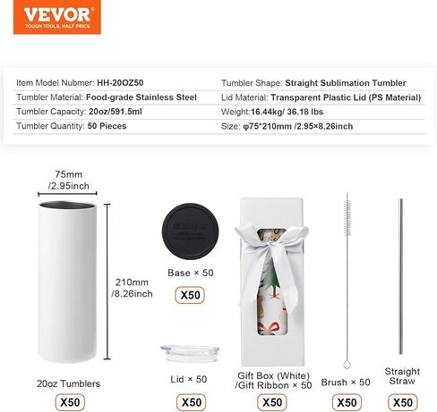 VEVOR 24 Pack Sublimation Tumblers 20oz Skinny Straight, Stainless Steel Sublimation Tumblers Blank, Stainless Steel Double Wall Tumbler for Heat Transfer Customized Gifts with Lid and Straw, Gift Box in Saudi Arabia
