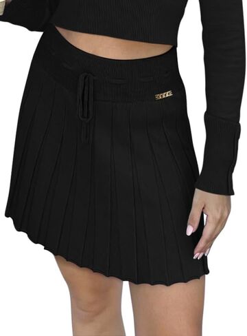 REORIA Women's Trendy Sexy High Waisted Pleated Skirts A Line Flared Going Out Mini Knit Skirts in Kuwait