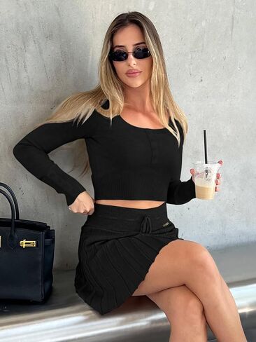 REORIA Women's Trendy Sexy High Waisted Pleated Skirts A Line Flared Going Out Mini Knit Skirts in Kuwait