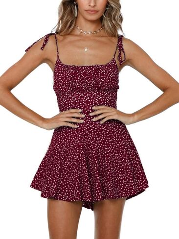 Jeanewpole1 Women's Boho Floral Wide Leg Short Romper Spaghetti Strap Smocked Jumpsuit in Saudi Arabia