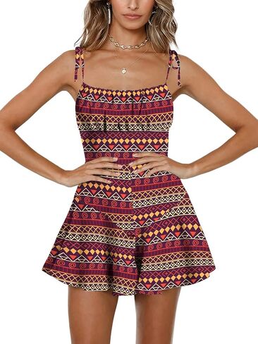 Jeanewpole1 Women's Boho Floral Wide Leg Short Romper Spaghetti Strap Smocked Jumpsuit in Saudi Arabia