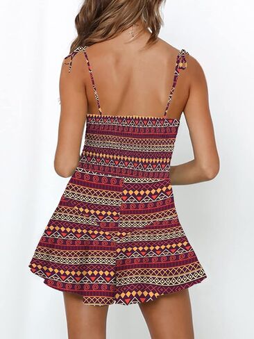 Jeanewpole1 Women's Boho Floral Wide Leg Short Romper Spaghetti Strap Smocked Jumpsuit in Saudi Arabia