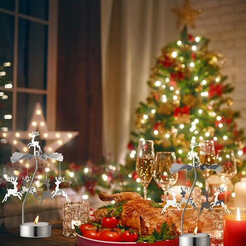 Layhit 4 قطع عيد الميلاد حامل شموع دوارة حامل شموع معدني حامل ضوء الشاي حامل شموع فضي دوار حامل شمعدان لعيد الميلاد زخرفة هدية ديكور المنزل (نمط الرنة) in Kuwait